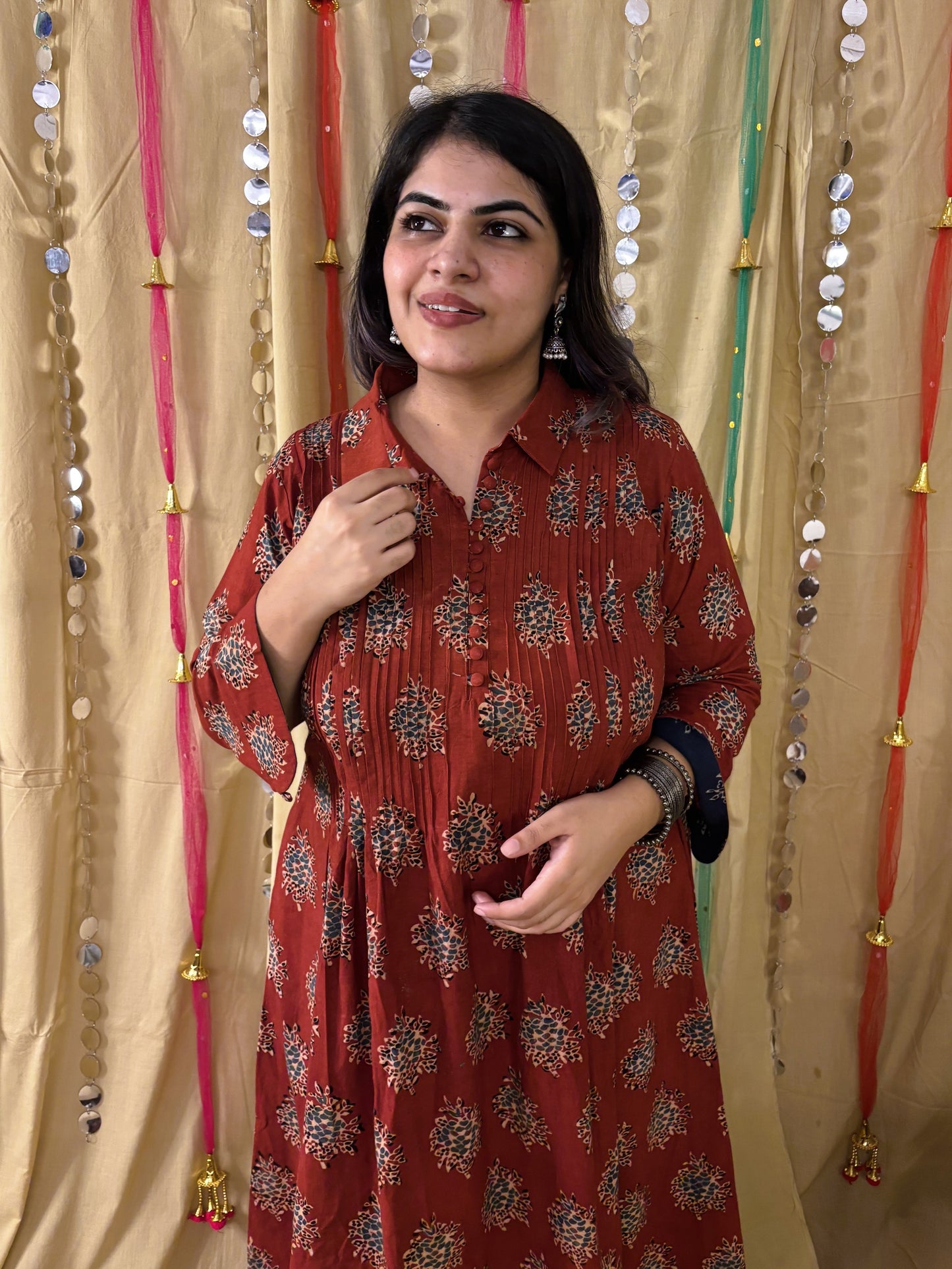 Roohi Hand Block Printed Midi Dress with Pintuck Detailing