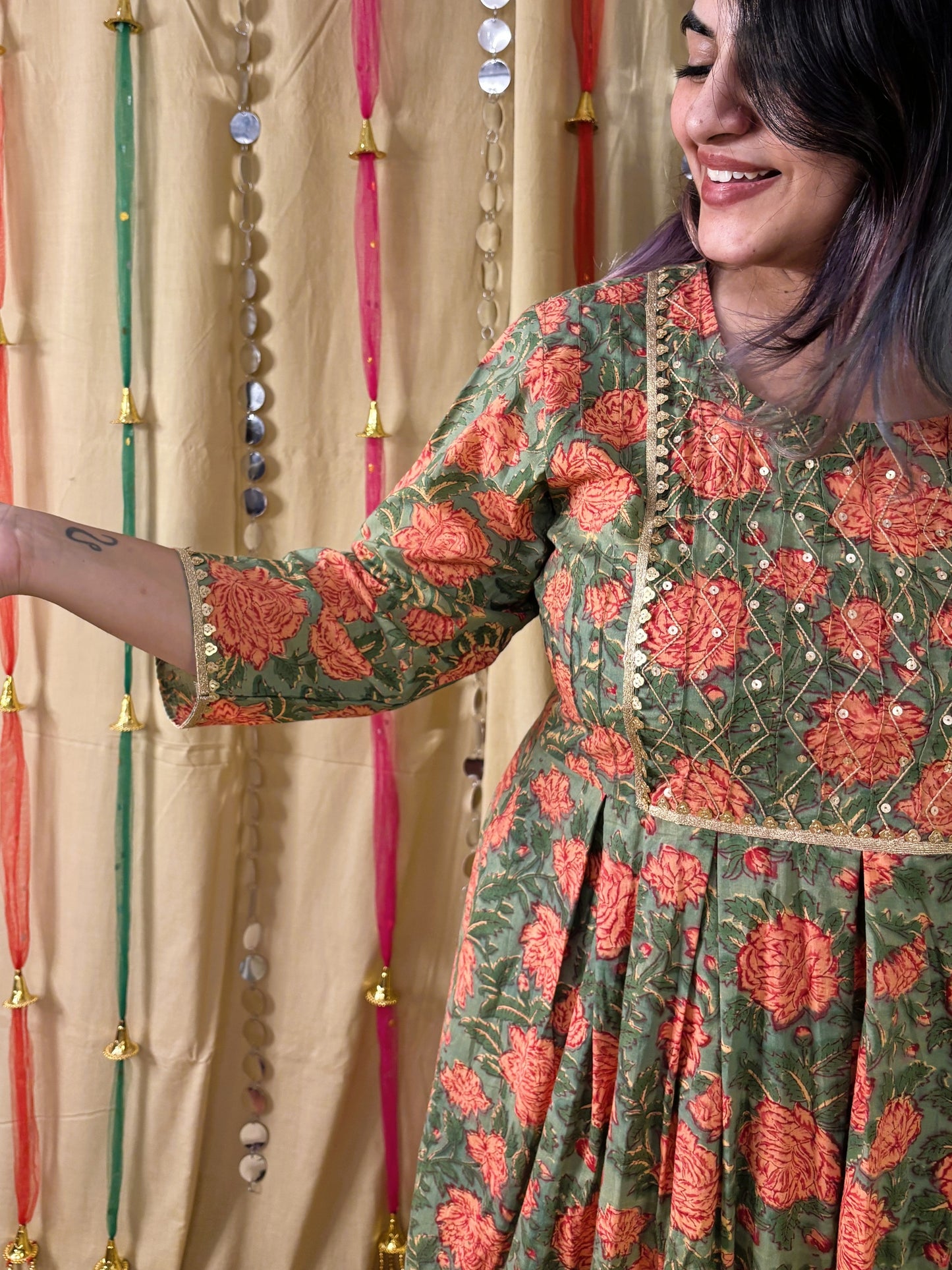 Gulzar Hand Block Printed Midi Dress with Embroidered Neckline & Gota Detailing