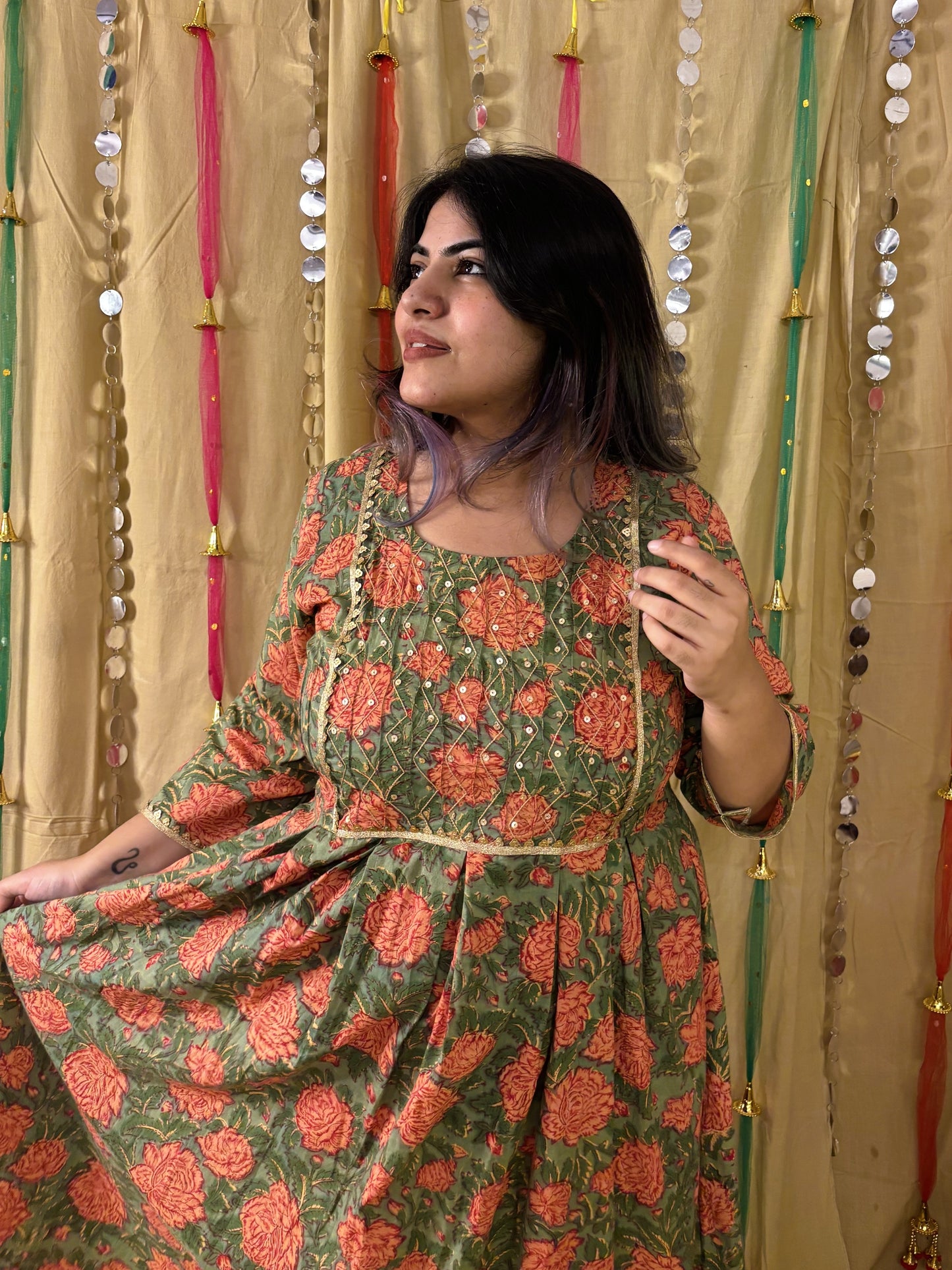 Gulzar Hand Block Printed Midi Dress with Embroidered Neckline & Gota Detailing