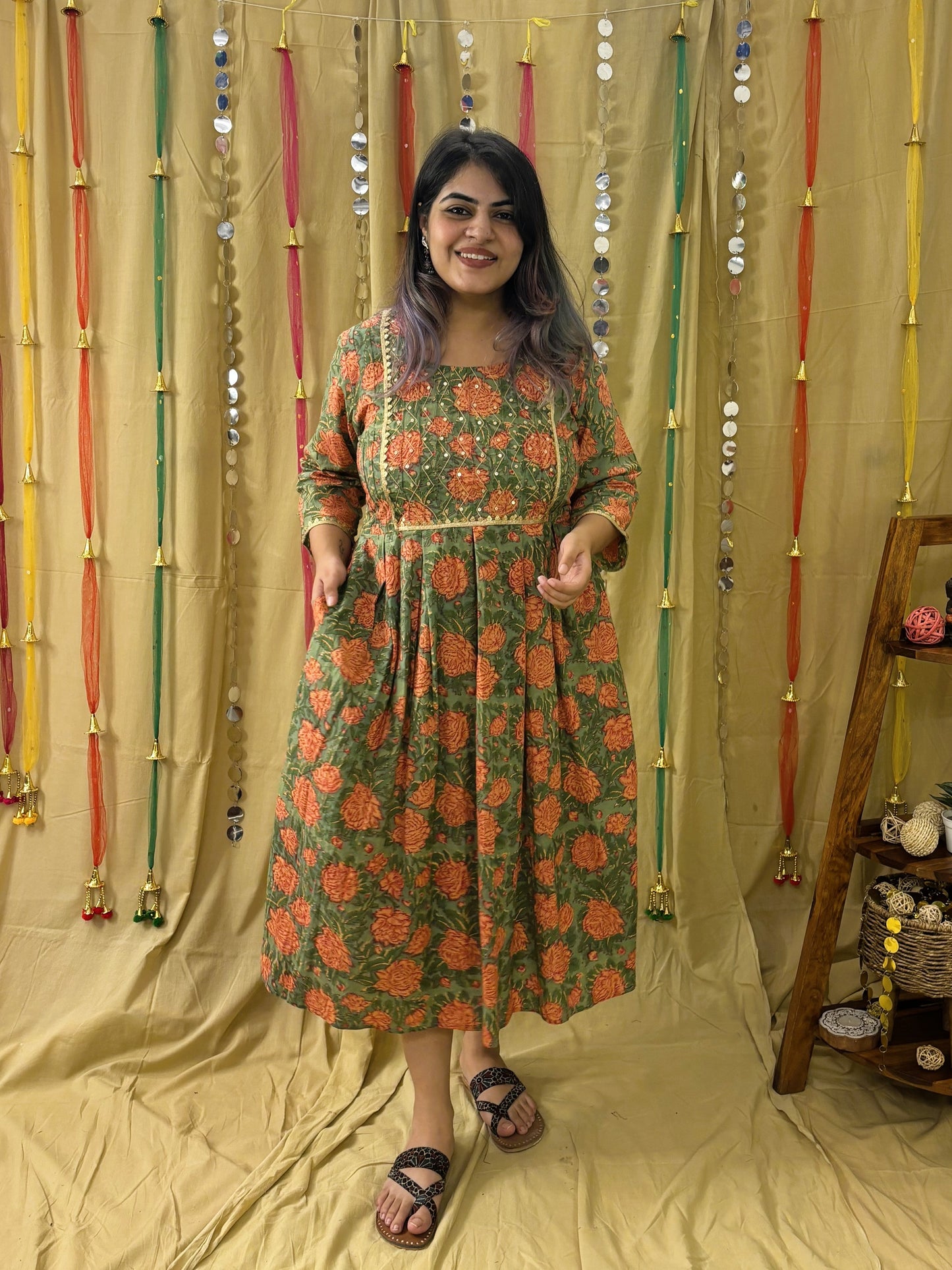 Gulzar Hand Block Printed Midi Dress with Embroidered Neckline & Gota Detailing