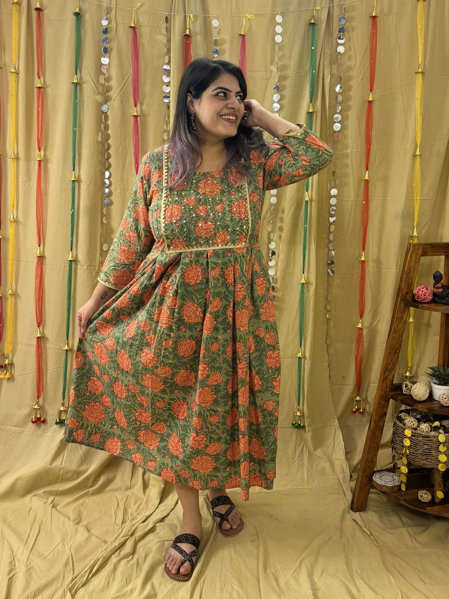Gulzar Hand Block Printed Midi Dress with Embroidered Neckline & Gota Detailing