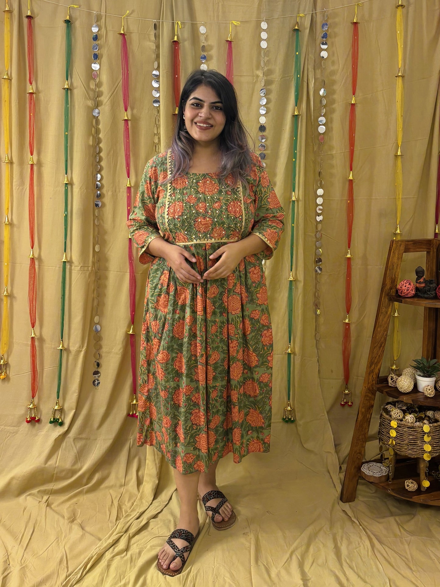 Gulzar Hand Block Printed Midi Dress with Embroidered Neckline & Gota Detailing