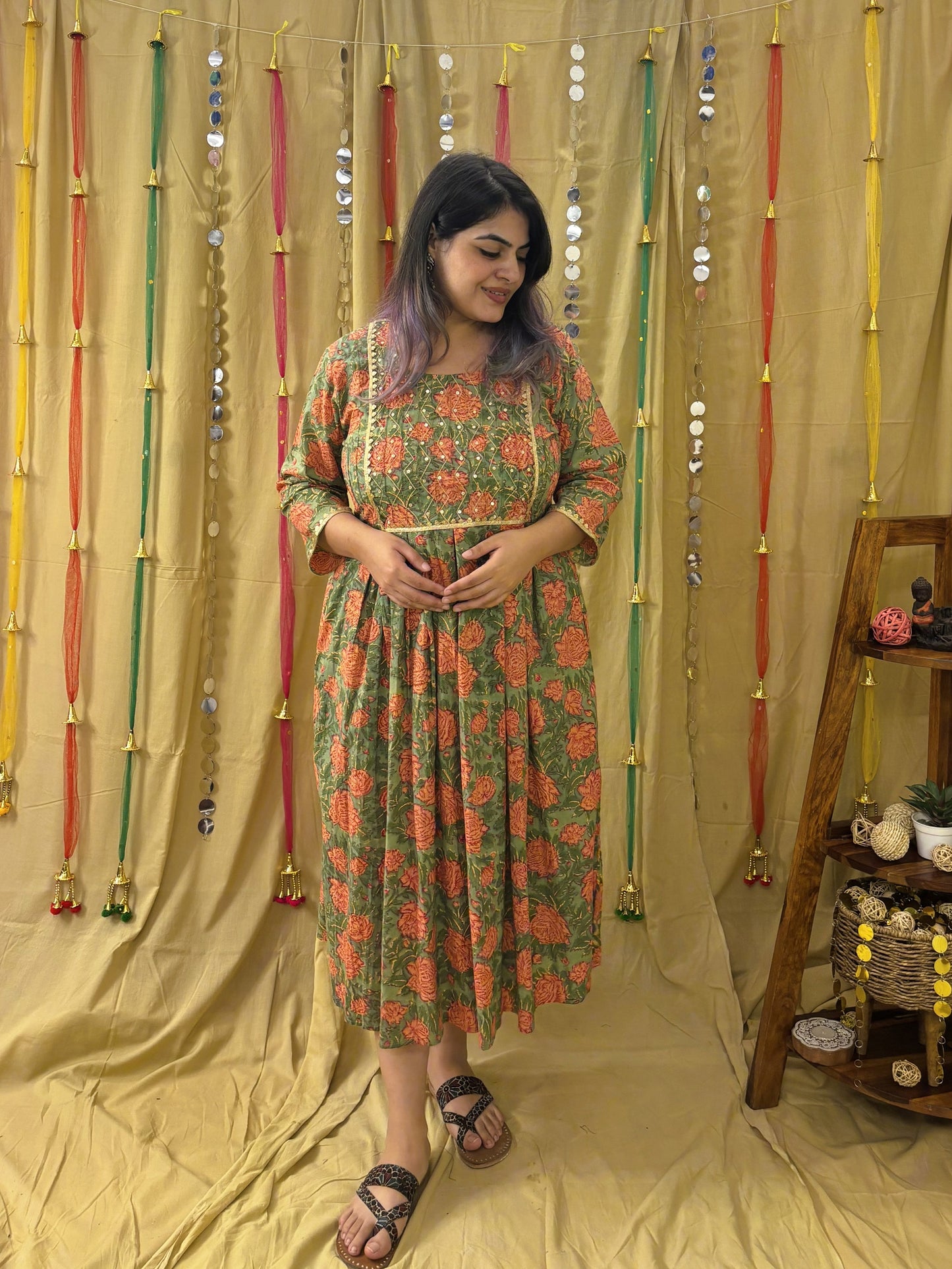 Gulzar Hand Block Printed Midi Dress with Embroidered Neckline & Gota Detailing