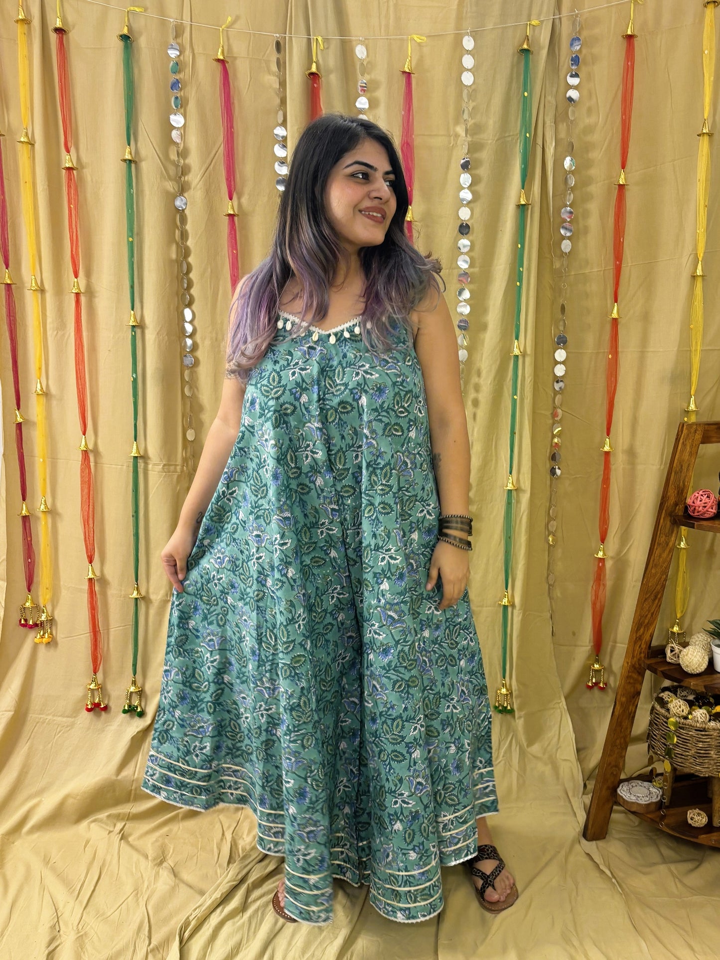 Harita Hand Block Printed Flared Jumpsuit with Gota Detailing