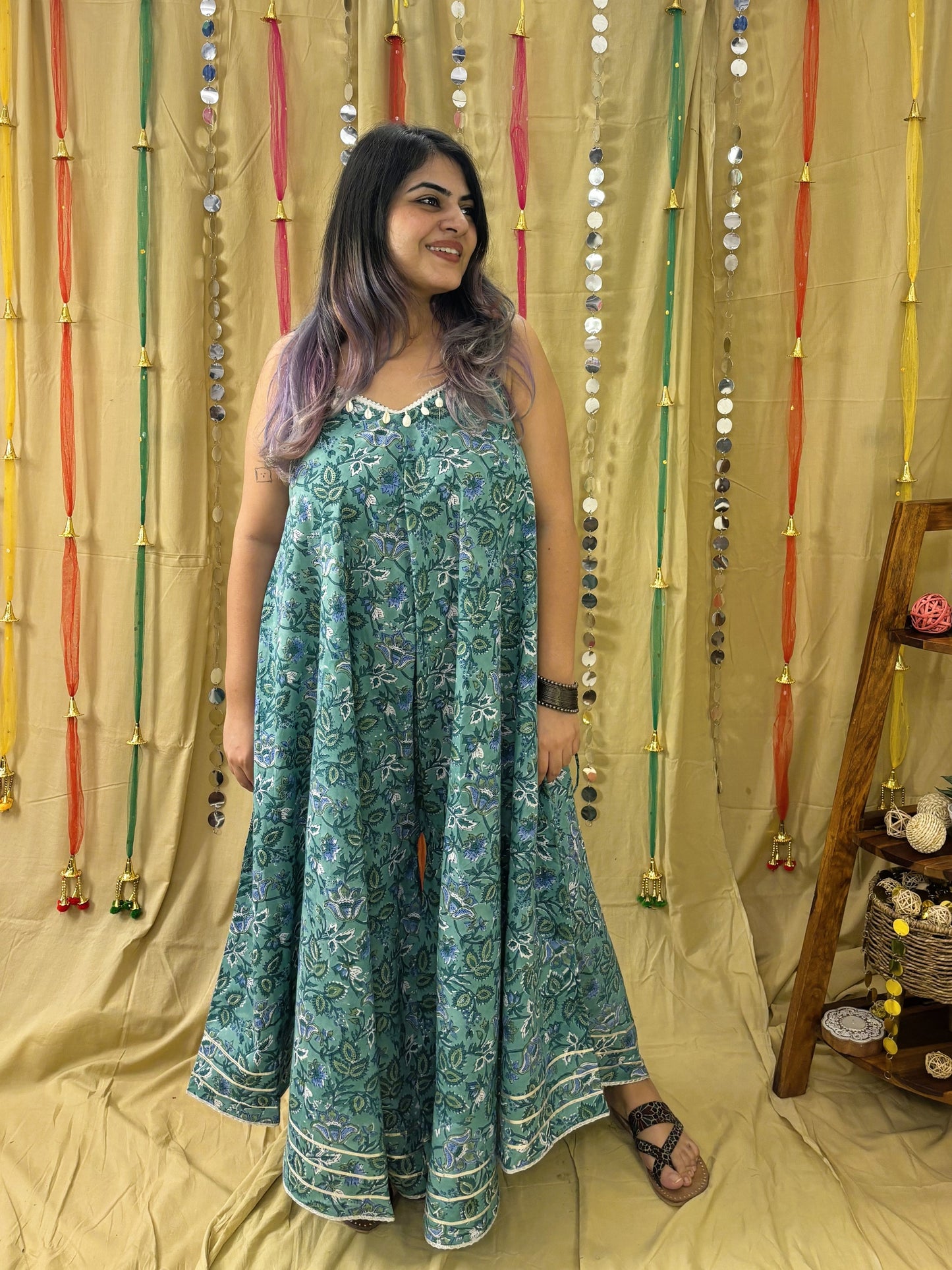 Harita Hand Block Printed Flared Jumpsuit with Gota Detailing