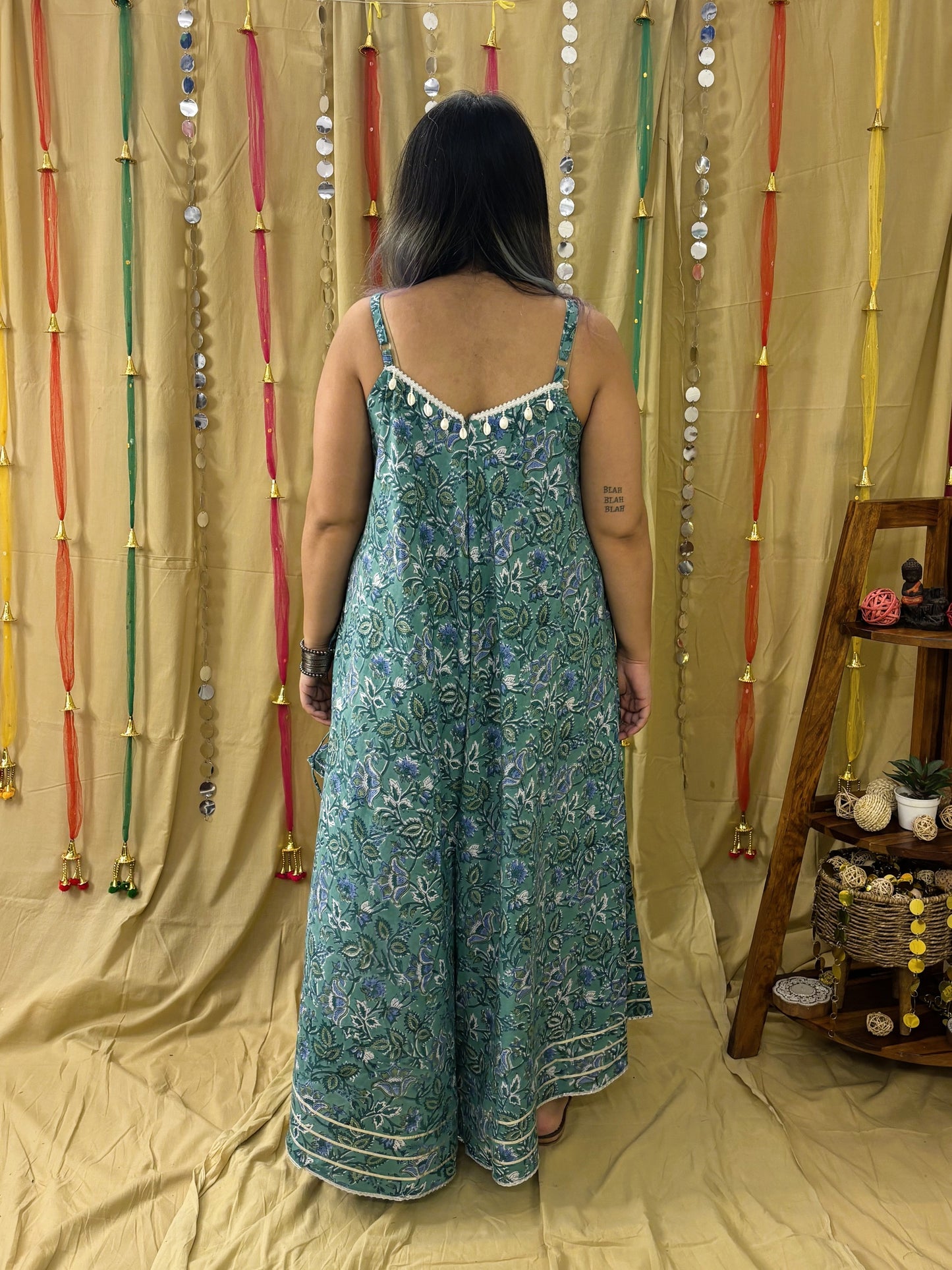 Harita Hand Block Printed Flared Jumpsuit with Gota Detailing