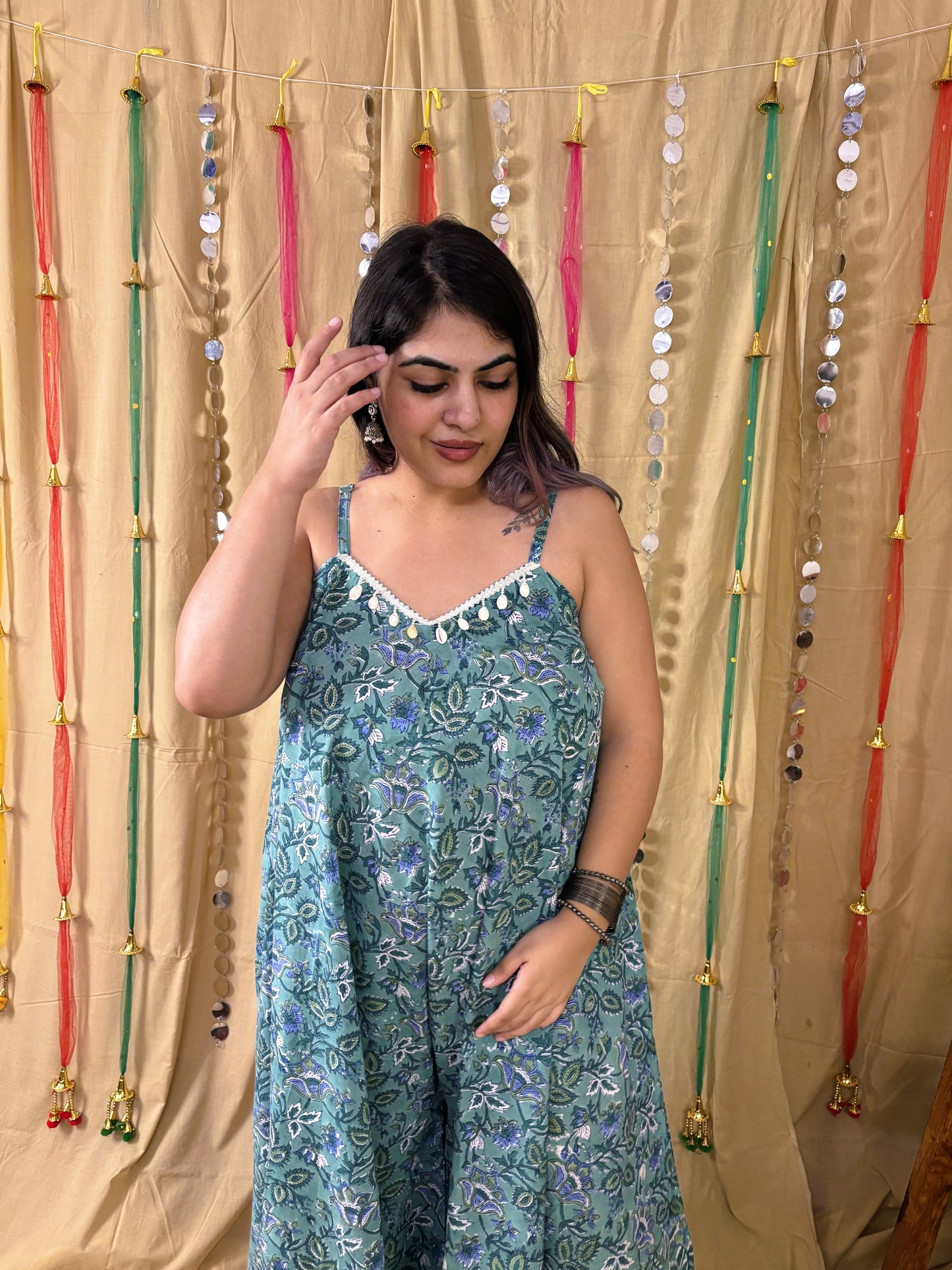 Harita Hand Block Printed Flared Jumpsuit with Gota Detailing