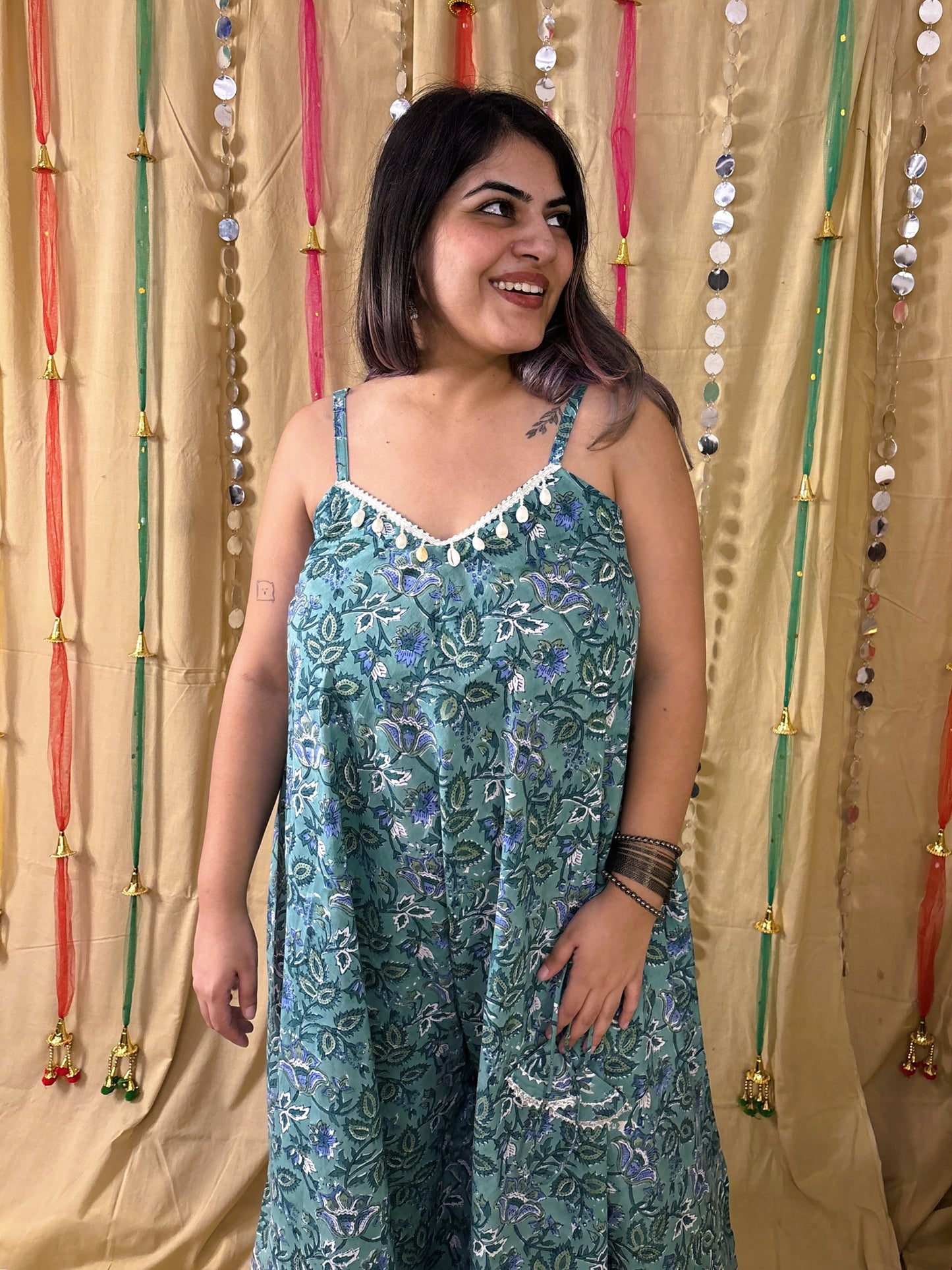 Harita Hand Block Printed Flared Jumpsuit with Gota Detailing