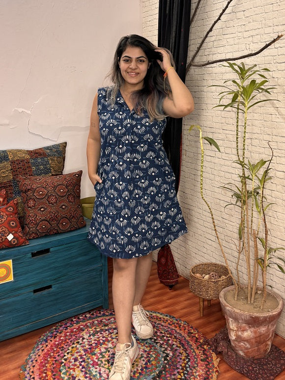 Midnight Blue A Line Knee Length Collar Dress