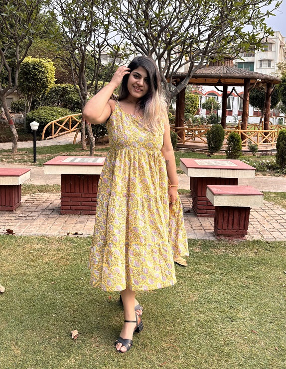 Lemon Citrus Hand Block Printed Tiered Midi Dress with Tie Knot Sleeves