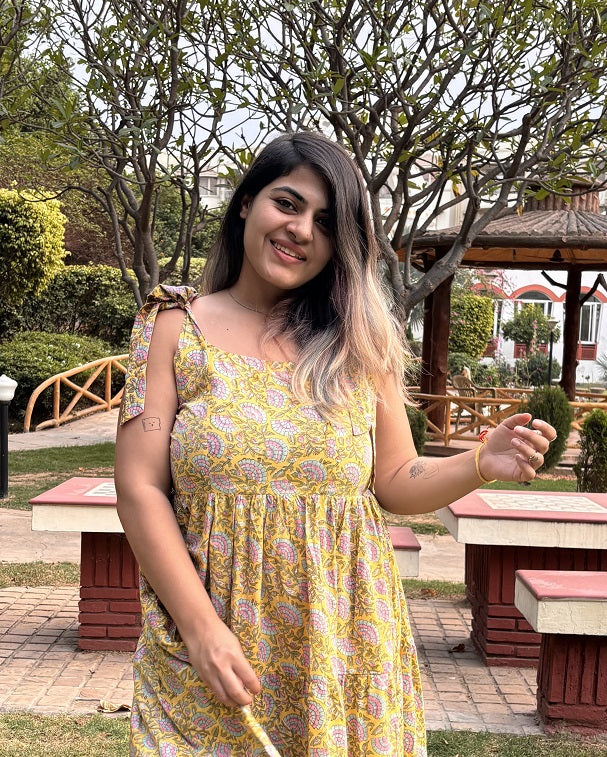 Lemon Citrus Hand Block Printed Tiered Midi Dress with Tie Knot Sleeves