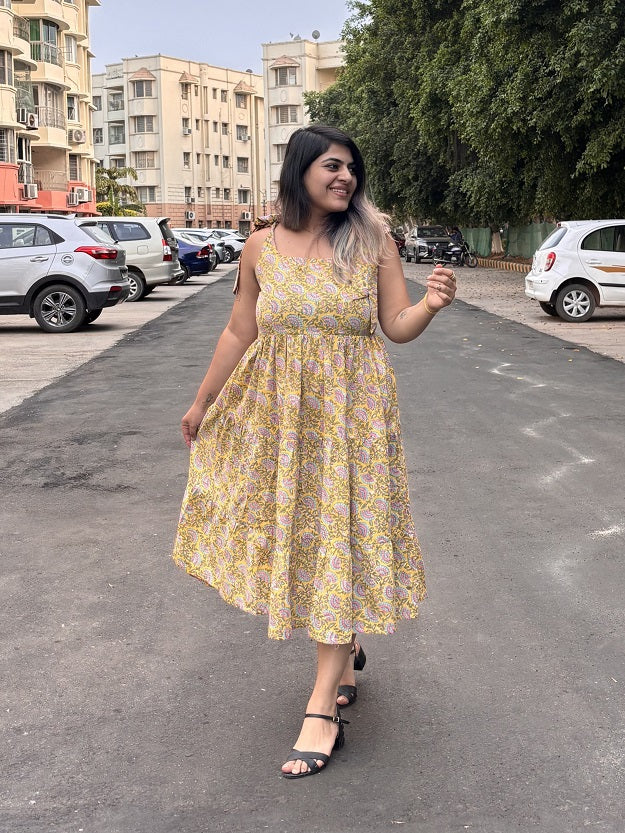 Lemon Citrus Hand Block Printed Tiered Midi Dress with Tie Knot Sleeves