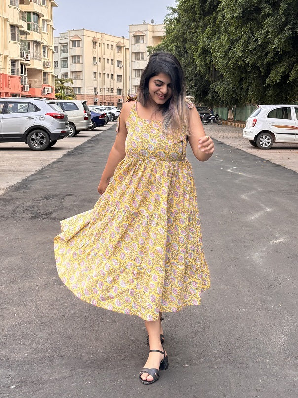 Lemon Citrus Hand Block Printed Tiered Midi Dress with Tie Knot Sleeves