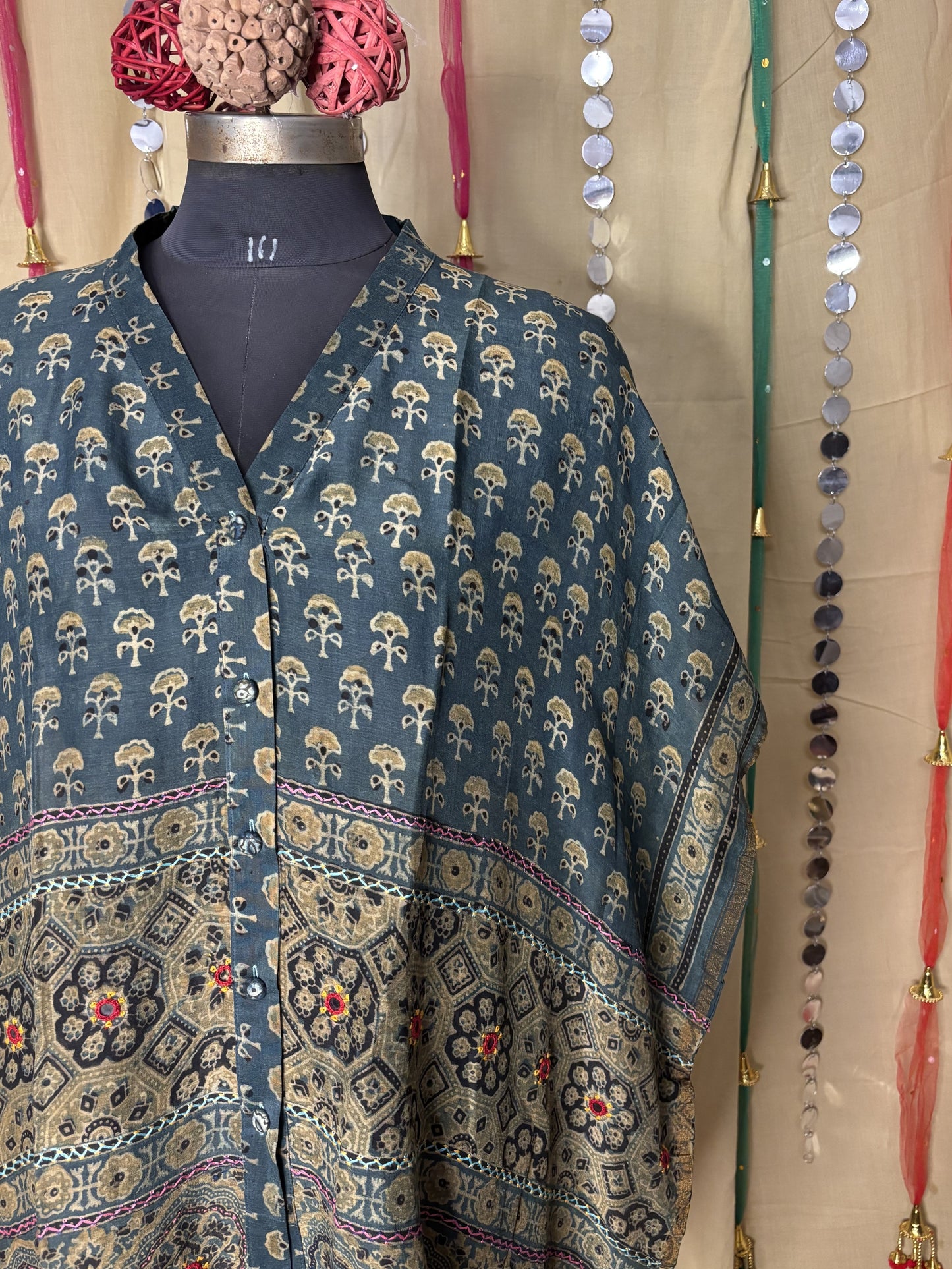 Indigo Green Ajrakh Chanderi Shirt Kaftan with Hand Embroidery
