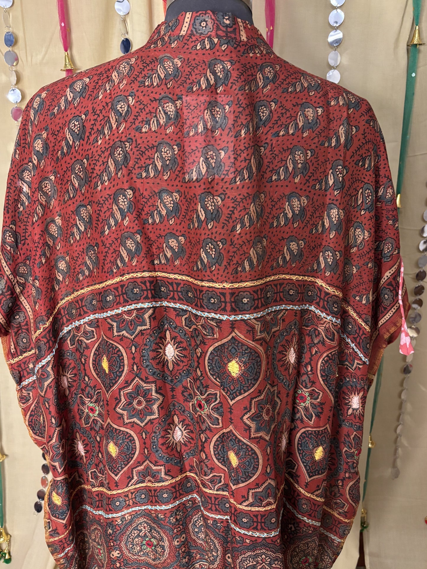 Red Ajrakh Chanderi Shirt Kaftan with Hand Embroidery