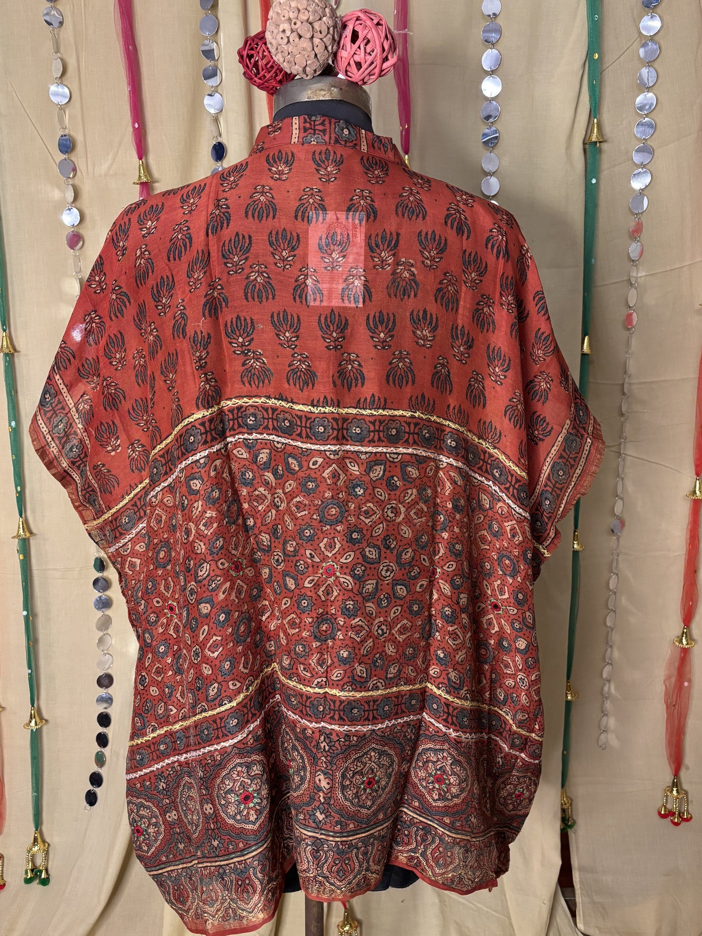Red Ajrakh Chanderi Shirt Kaftan with Hand Embroidery