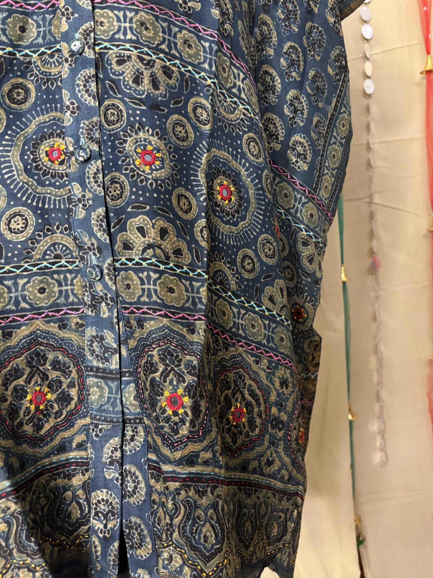 Indigo Green Ajrakh Chanderi Shirt Kaftan with Hand Embroidery