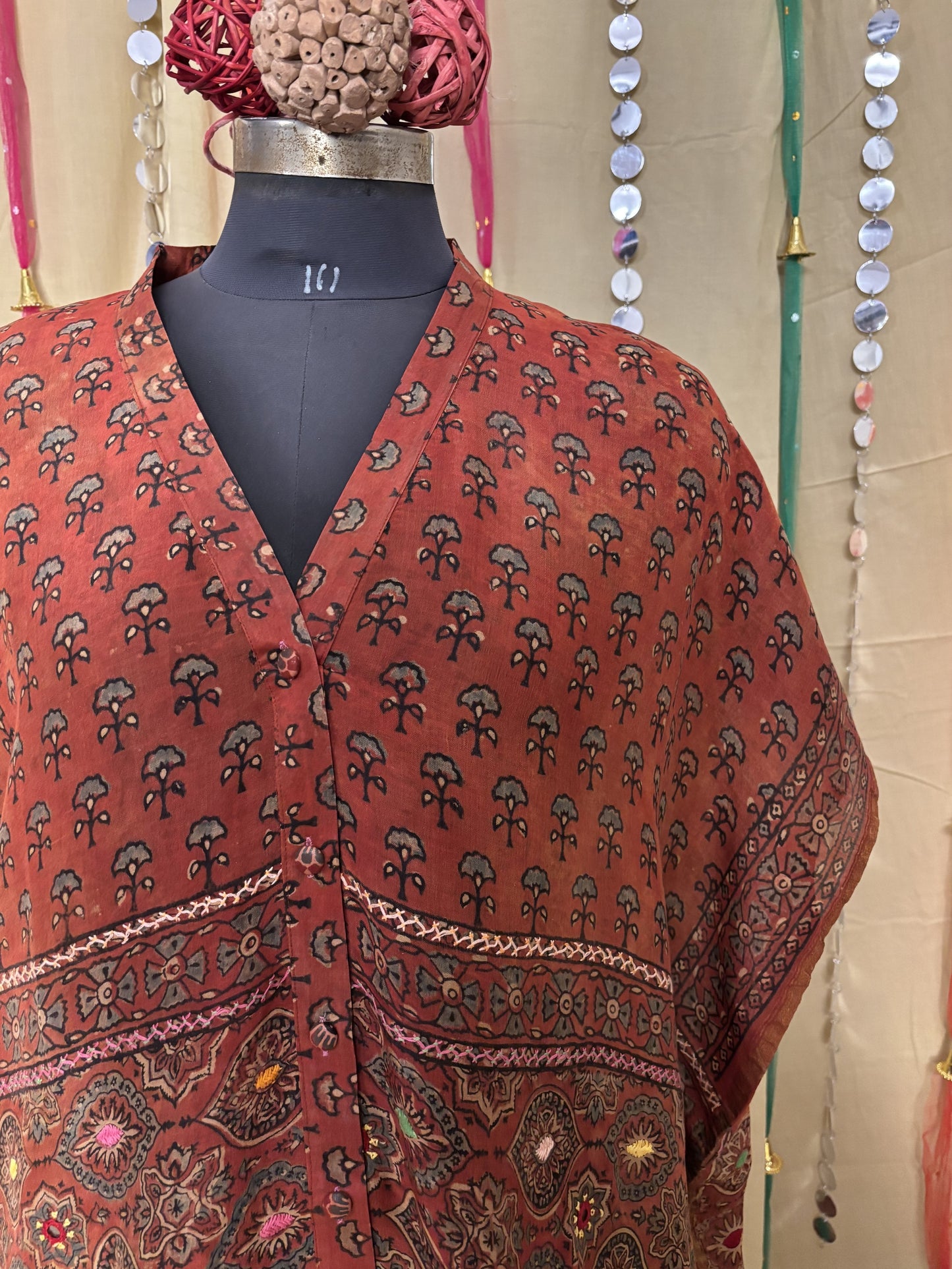 Red Ajrakh Chanderi Shirt Kaftan with Hand Embroidery