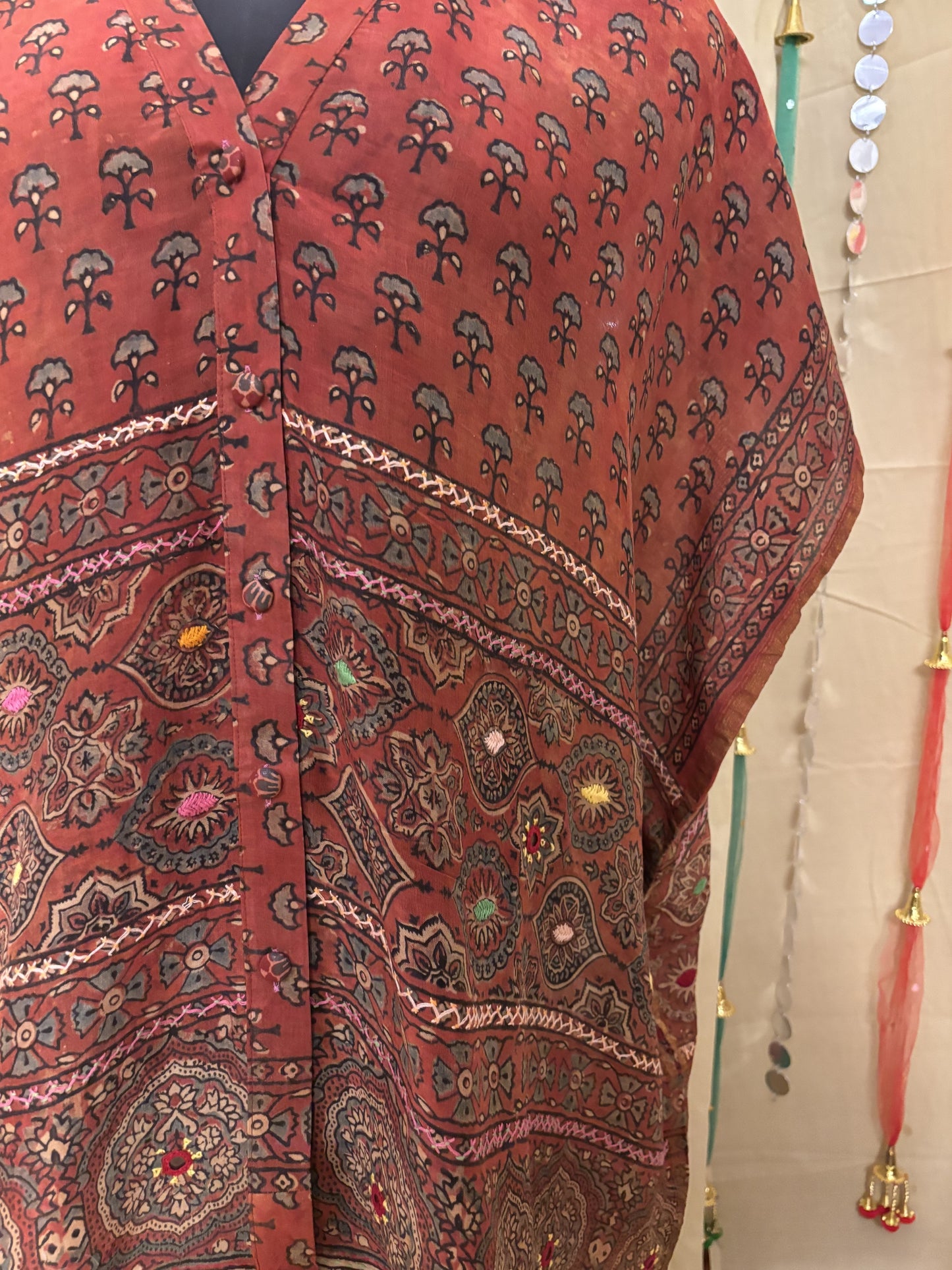 Red Ajrakh Chanderi Shirt Kaftan with Hand Embroidery