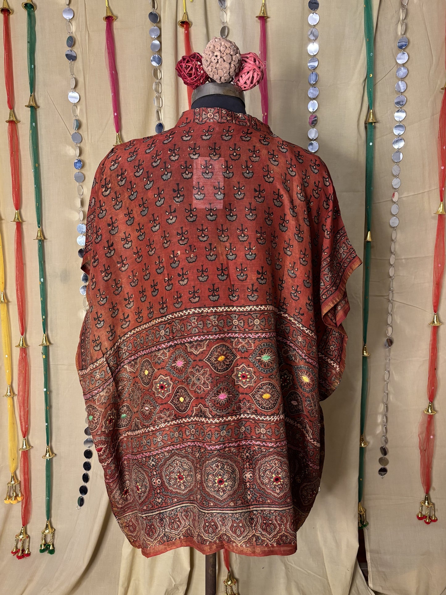 Red Ajrakh Chanderi Shirt Kaftan with Hand Embroidery