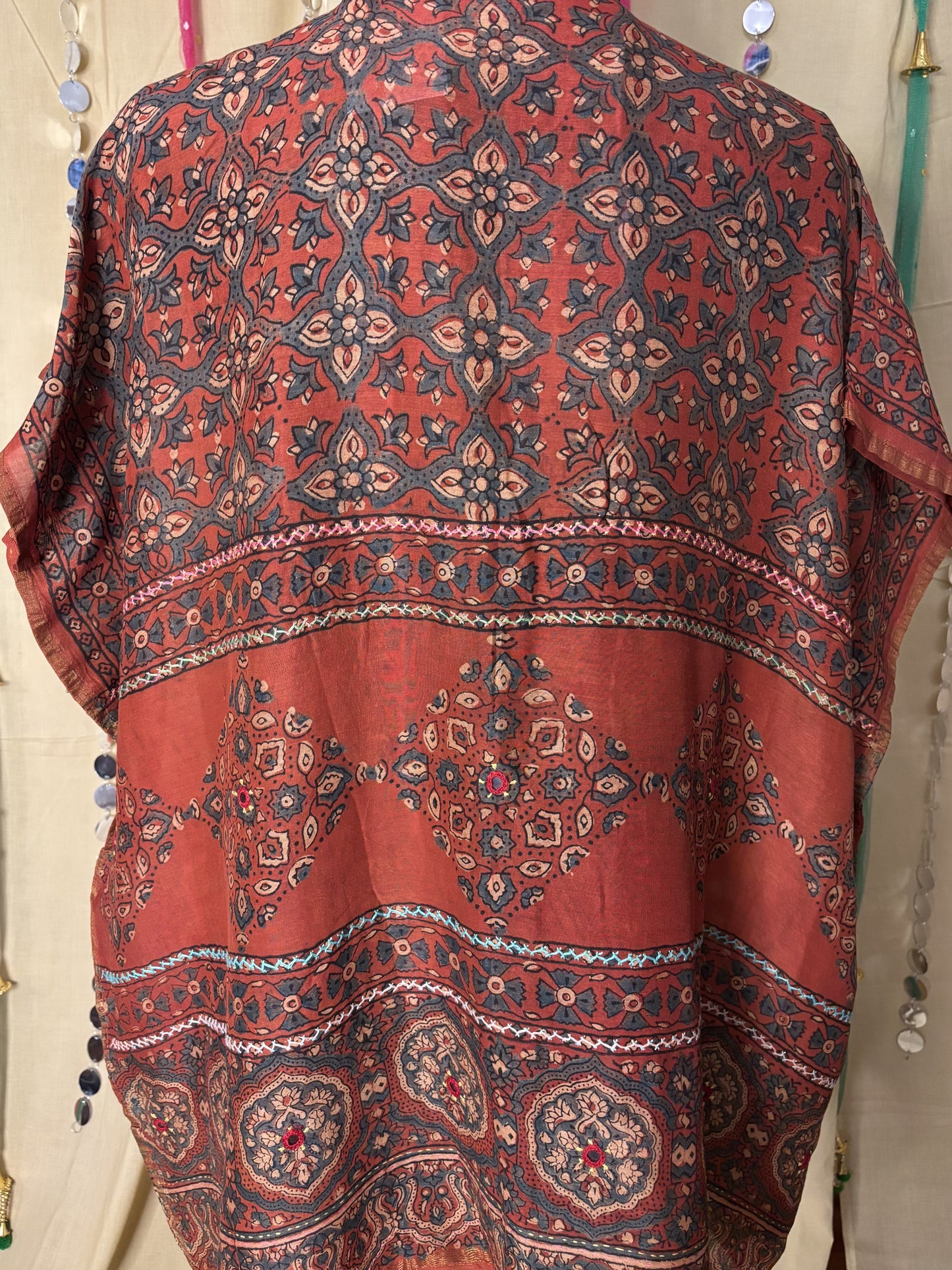 Red Ajrakh Chanderi Shirt Kaftan with Hand Embroidery