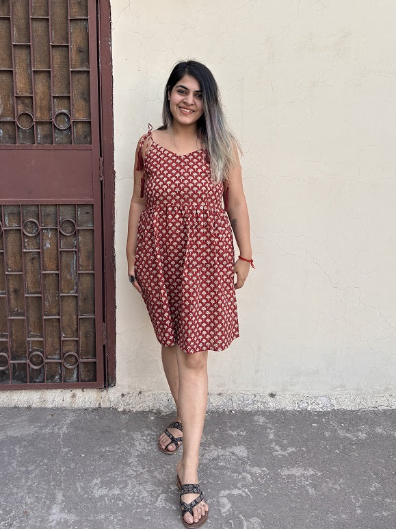 Tanushri Hand Block Printed Knee Length Dress with Shoulder Tie