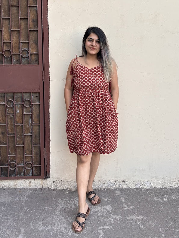 Tanushri Hand Block Printed Knee Length Dress with Shoulder Tie