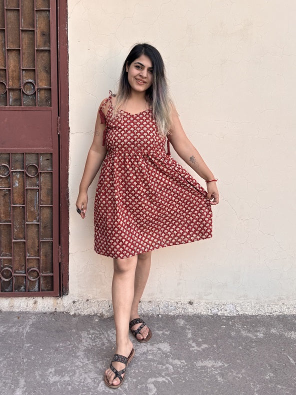Tanushri Hand Block Printed Knee Length Dress with Shoulder Tie