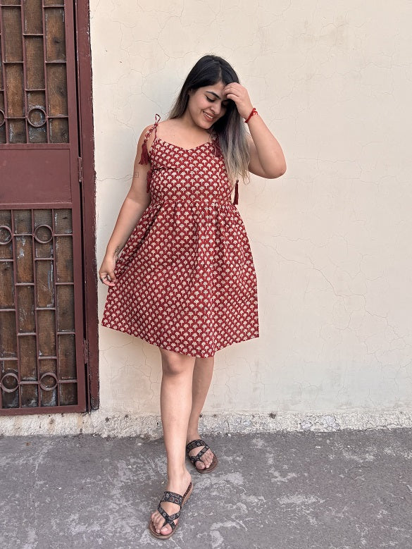 Tanushri Hand Block Printed Knee Length Dress with Shoulder Tie