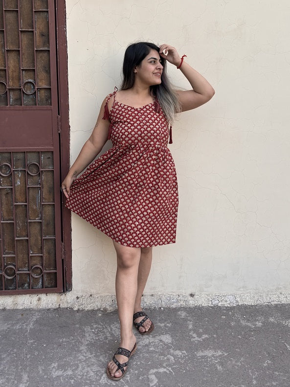 Tanushri Hand Block Printed Knee Length Dress with Shoulder Tie