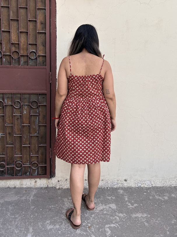 Tanushri Hand Block Printed Knee Length Dress with Shoulder Tie