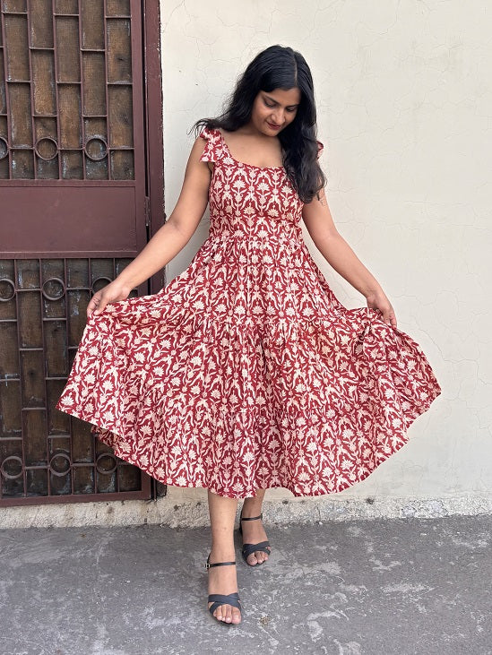 Mahi Hand Block Printed Tiered Midi Dress with Tie Knot Sleeves
