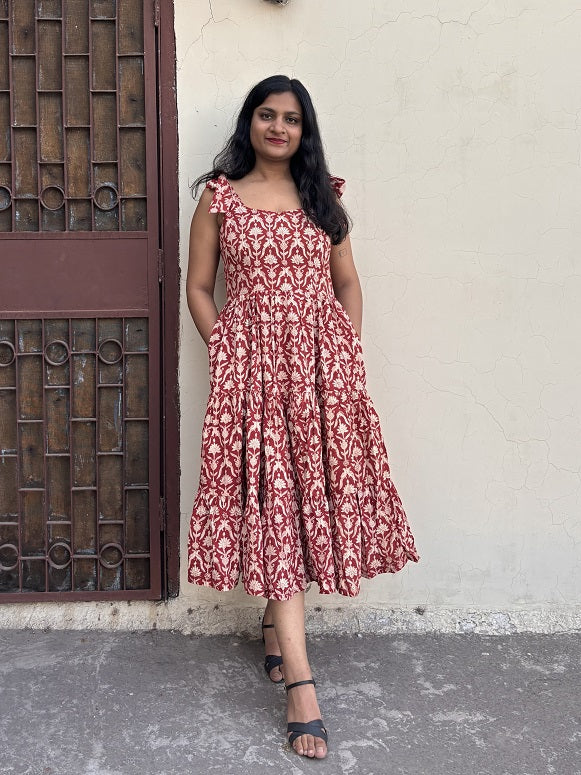 Mahi Hand Block Printed Tiered Midi Dress with Tie Knot Sleeves