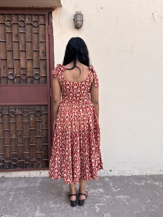 Mahi Hand Block Printed Tiered Midi Dress with Tie Knot Sleeves