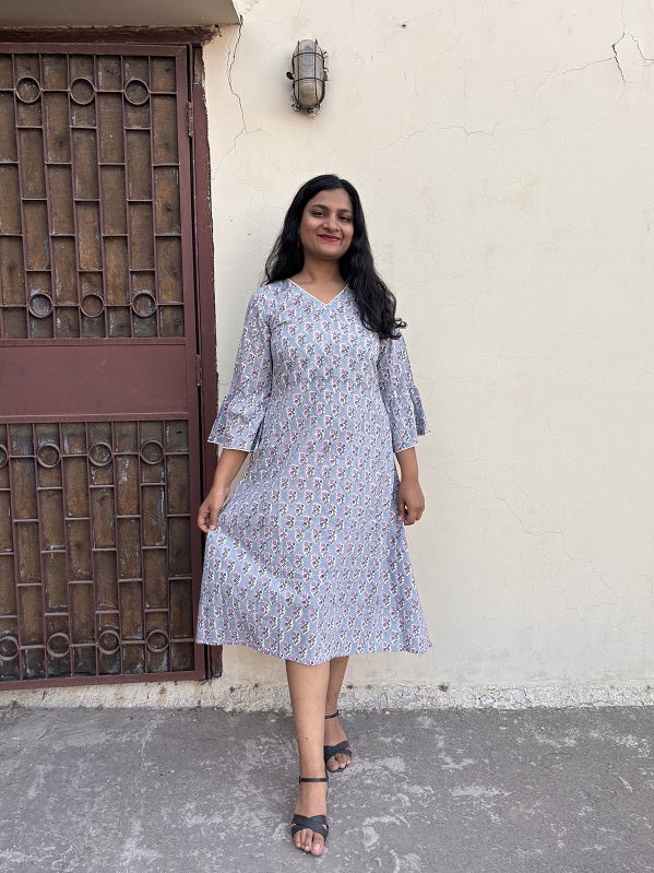 Amiya Hand Block Printed A Line Midi Dress with Lace Detailing