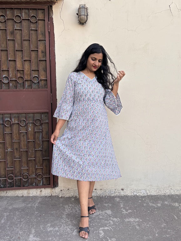 Amiya Hand Block Printed A Line Midi Dress with Lace Detailing