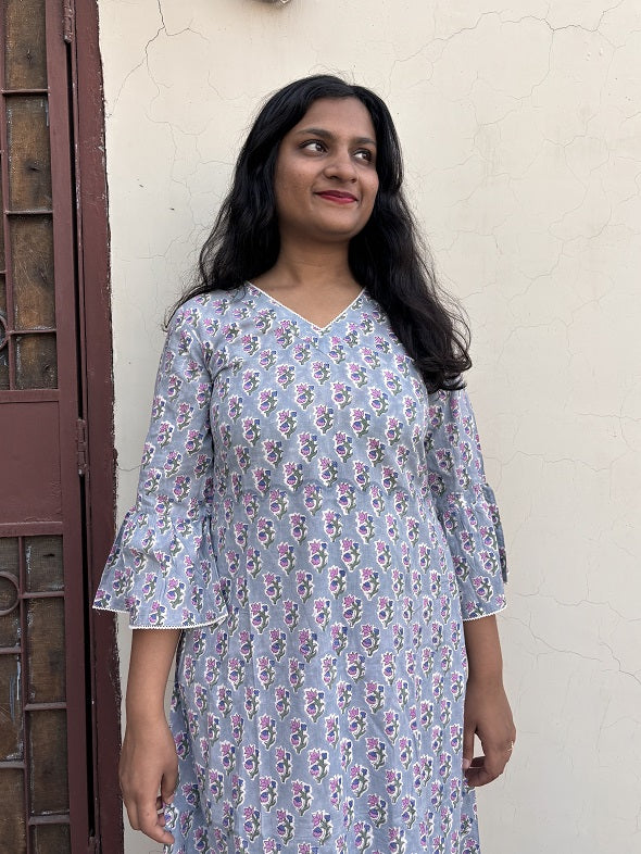 Amiya Hand Block Printed A Line Midi Dress with Lace Detailing