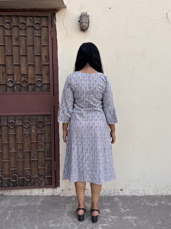 Amiya Hand Block Printed A Line Midi Dress with Lace Detailing