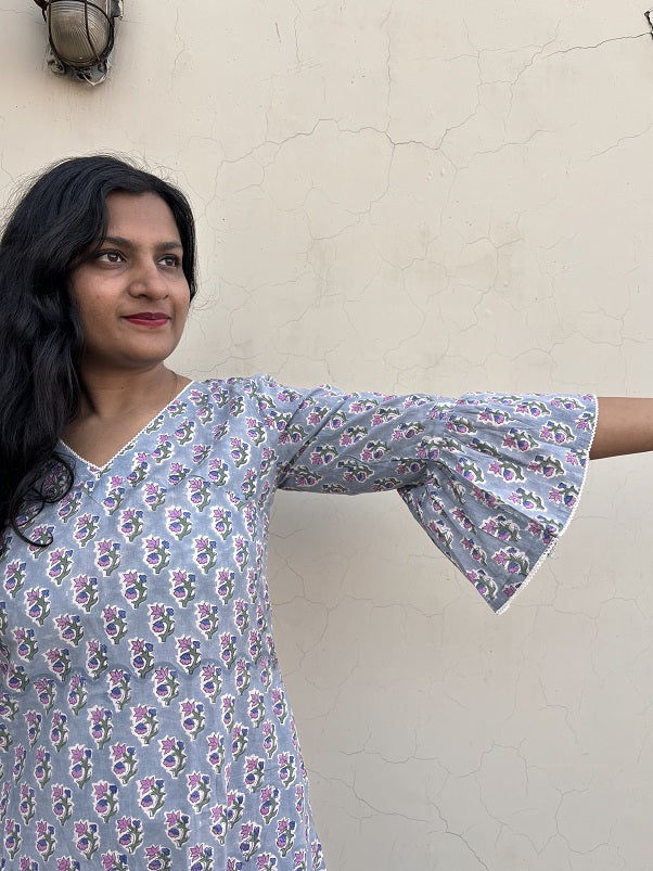 Amiya Hand Block Printed A Line Midi Dress with Lace Detailing