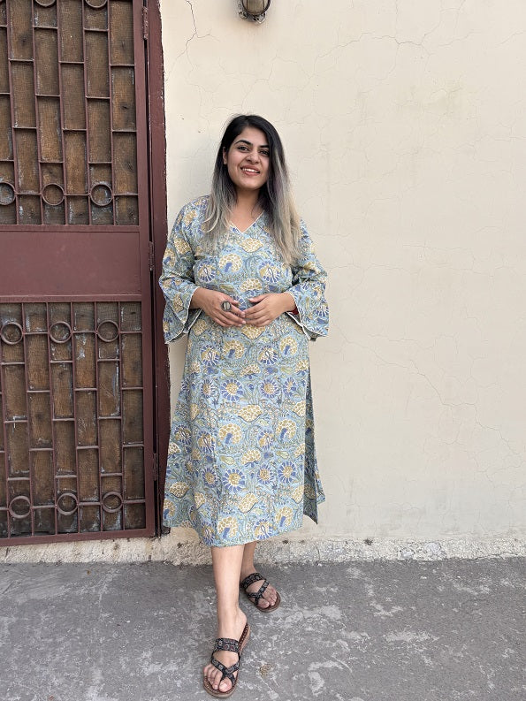 Iraa Hand Block Printed A Line Midi Dress with Lace Detailing