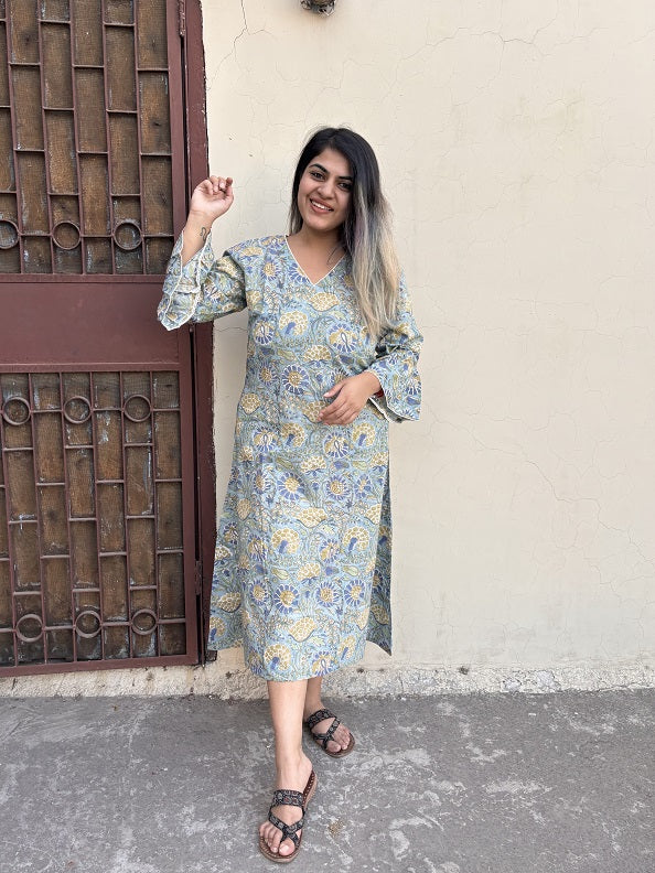 Iraa Hand Block Printed A Line Midi Dress with Lace Detailing