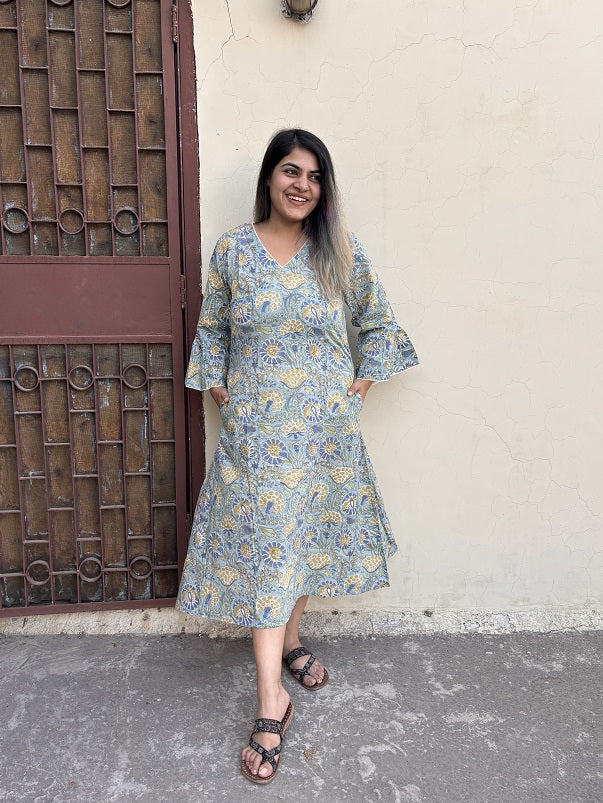 Iraa Hand Block Printed A Line Midi Dress with Lace Detailing
