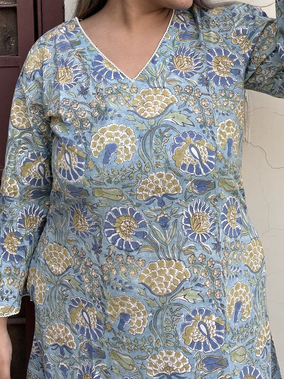 Iraa Hand Block Printed A Line Midi Dress with Lace Detailing