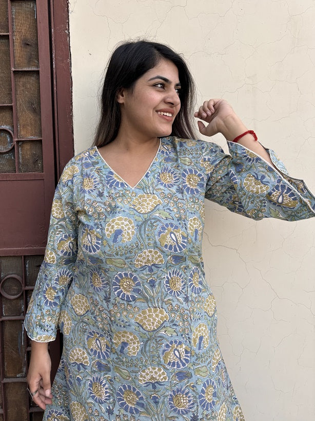 Iraa Hand Block Printed A Line Midi Dress with Lace Detailing