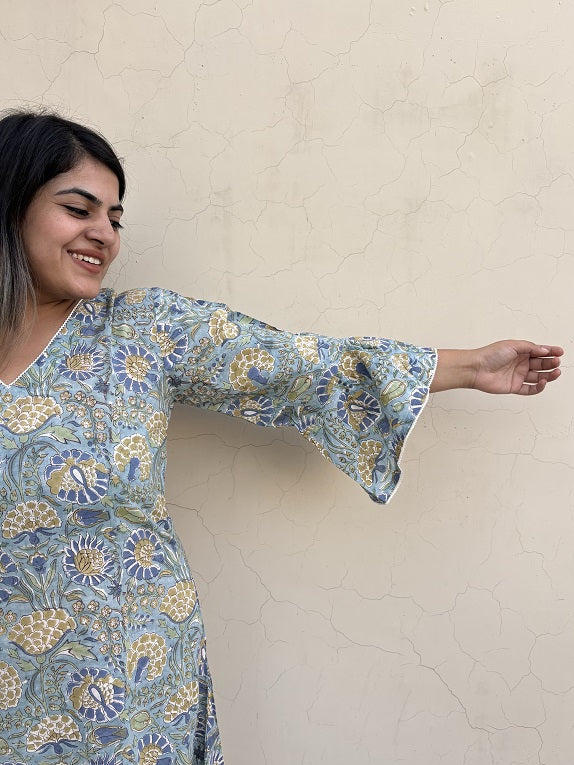 Iraa Hand Block Printed A Line Midi Dress with Lace Detailing