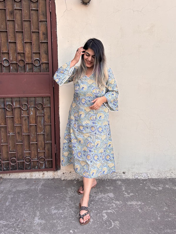 Iraa Hand Block Printed A Line Midi Dress with Lace Detailing