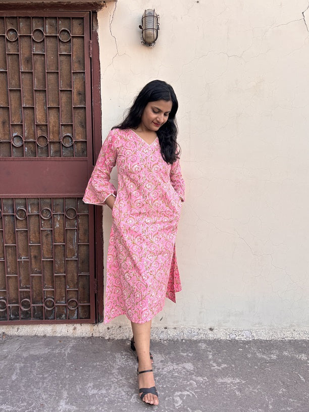 Saachi Hand Block Printed A Line Midi Dress with Lace Detailing
