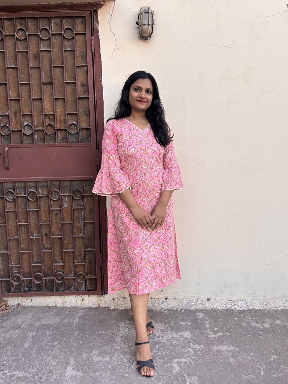 Saachi Hand Block Printed A Line Midi Dress with Lace Detailing