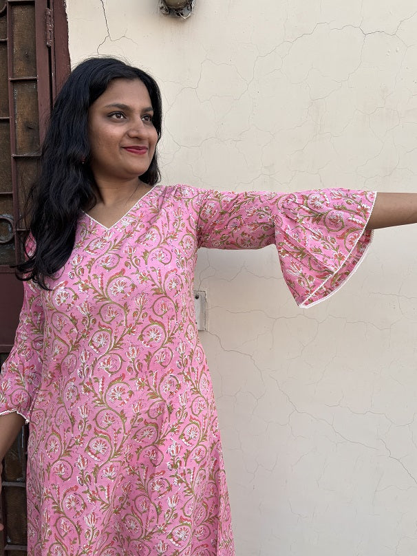 Saachi Hand Block Printed A Line Midi Dress with Lace Detailing