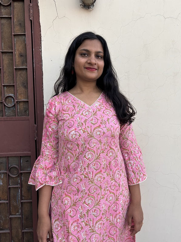 Saachi Hand Block Printed A Line Midi Dress with Lace Detailing